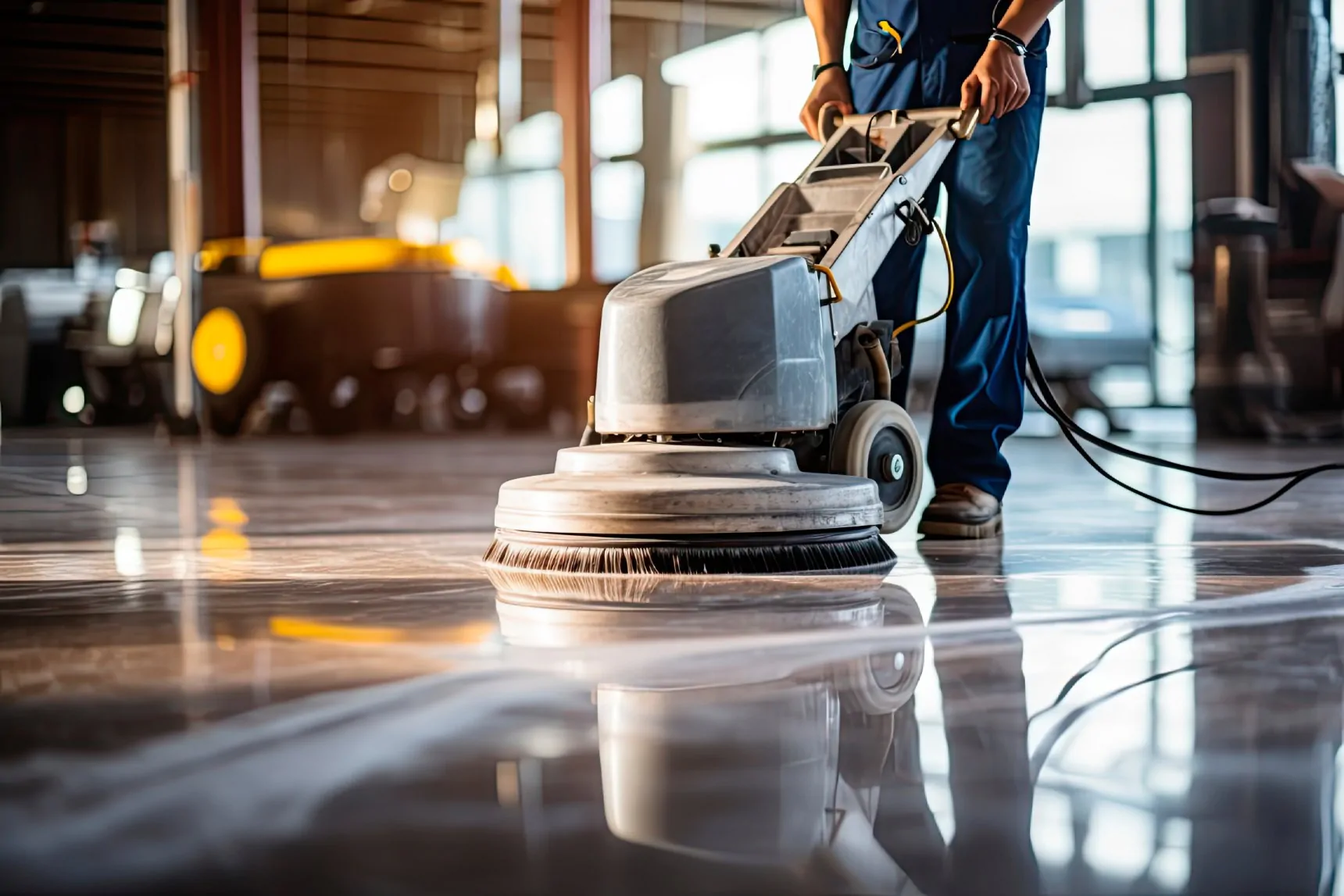 polishing-machine-floor-stripping-and-waxing Worker polishing a hard floor with a high-speed machine during floor stripping and waxing