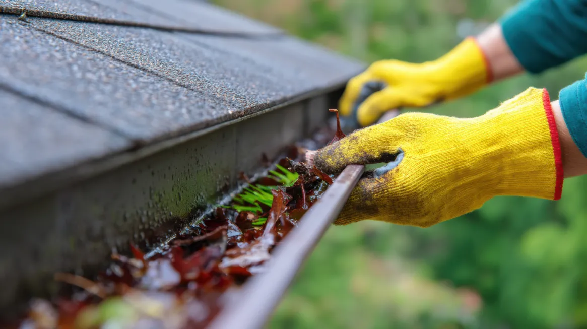 Worker wearing yellow gloves performing routine exterior cleaning services by removing leaves and debris from gutters and roof to maintain proper rainwater flow.