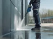 Worker using a power washer to perform routine exterior cleaning services on office building walls, ensuring a clean and pristine appearance.