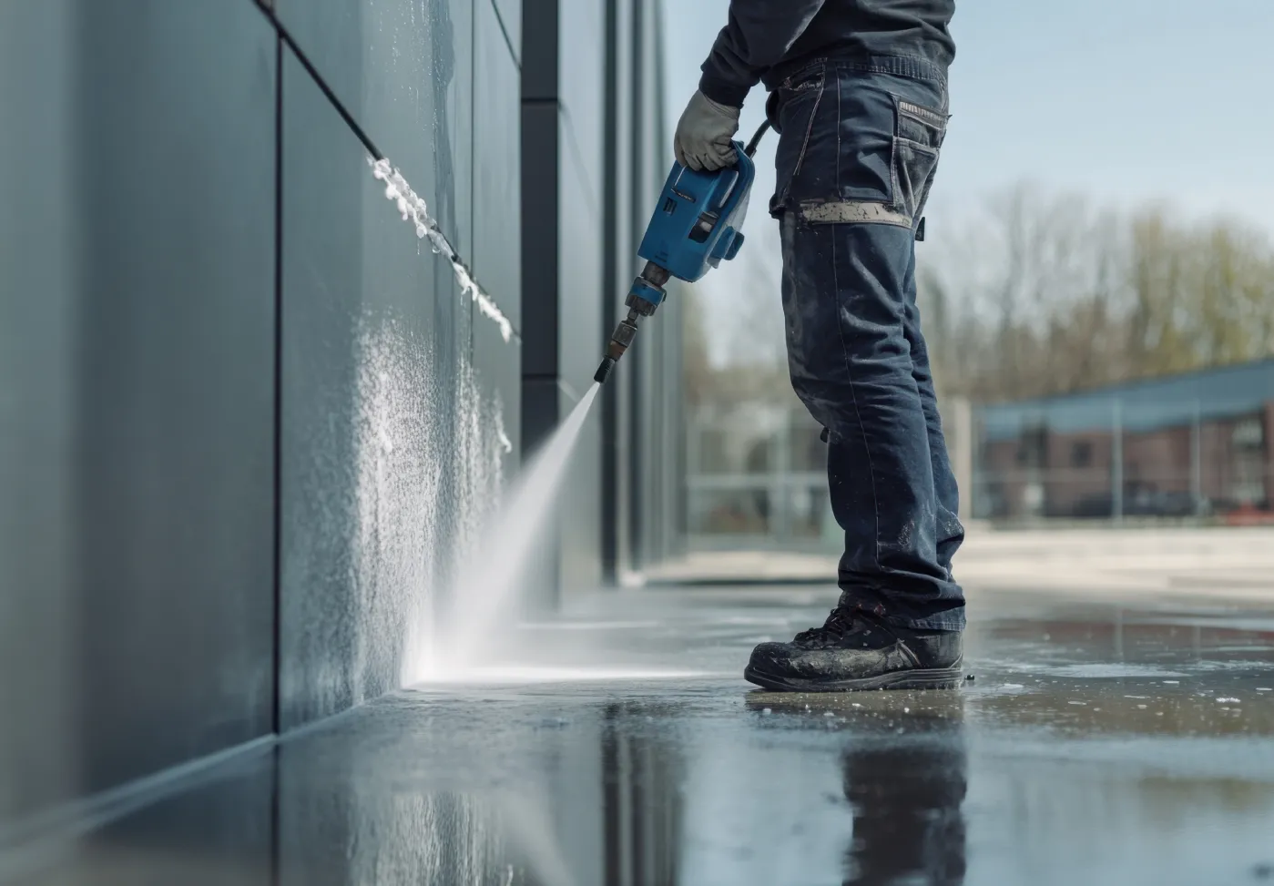 Worker using a power washer to perform routine exterior cleaning services on office building walls, ensuring a clean and pristine appearance.