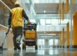 A janitorial worker sweeping a commercial building hallway with a cleaning cart in Arizona