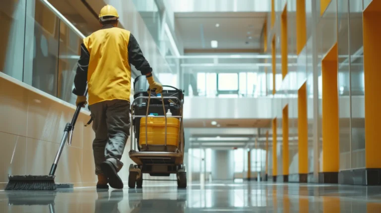A janitorial worker sweeping a commercial building hallway with a cleaning cart in Arizona