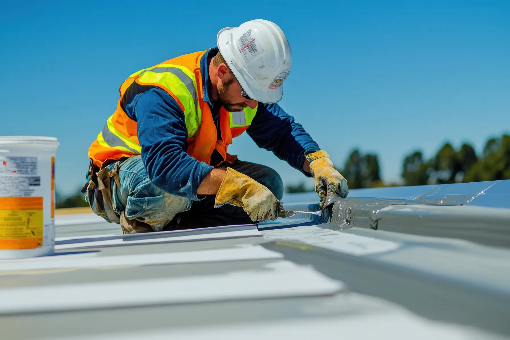 A maintenance technician sealing a commercial rooftop in Arizona under a clear blue sky