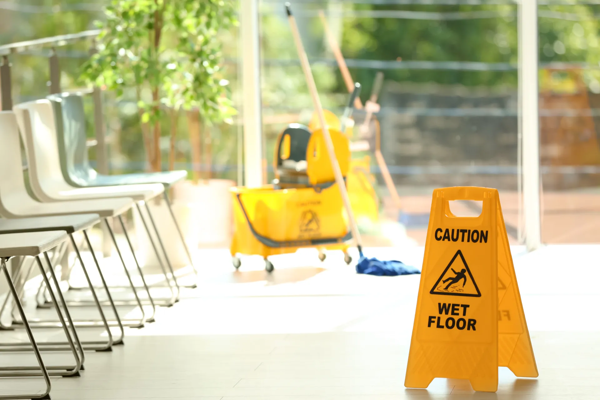 Caution wet floor sign with mop bucket in the background during routine cleaning under Building Maintenance Services in AZ.