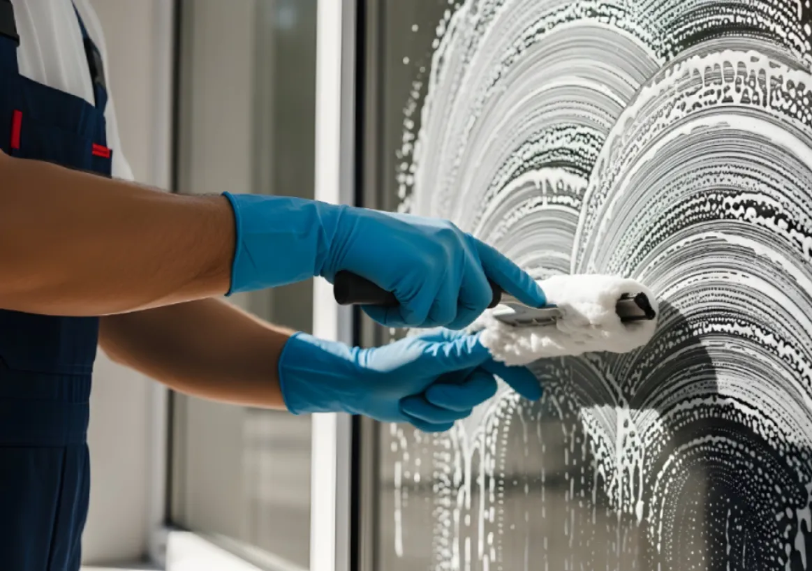Professional window cleaning with gloved hands and soapy suds as part of Building Maintenance Services in AZ.