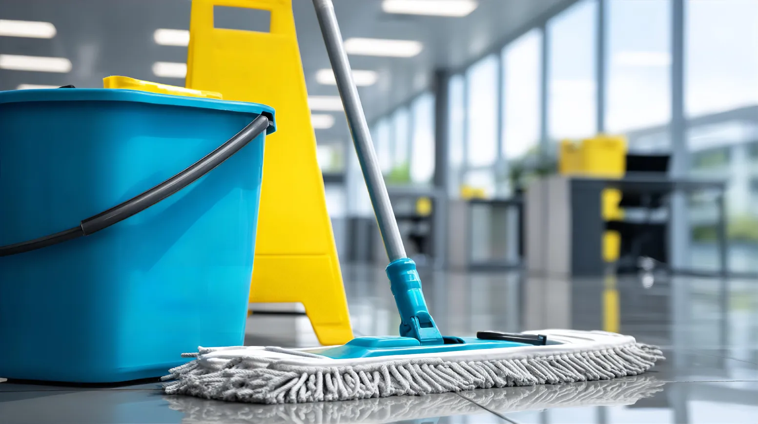 Mop, bucket, and wet floor sign showing how to choose a janitorial service in Phoenix