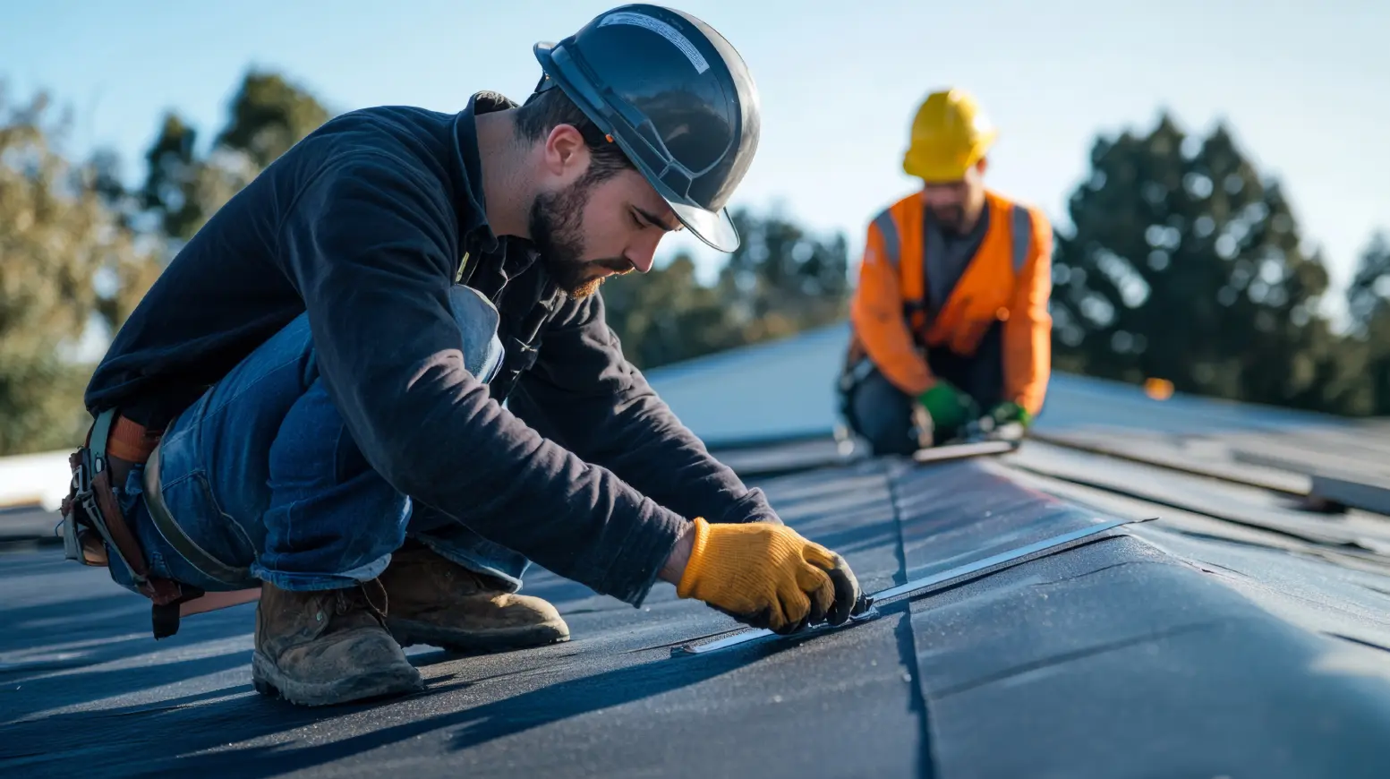 Two workers performing Phoenix commercial roof maintenance on a flat roof