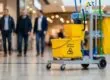 Day porter services in Phoenix keeping a retail property clean with a fully stocked cleaning cart during business hours.