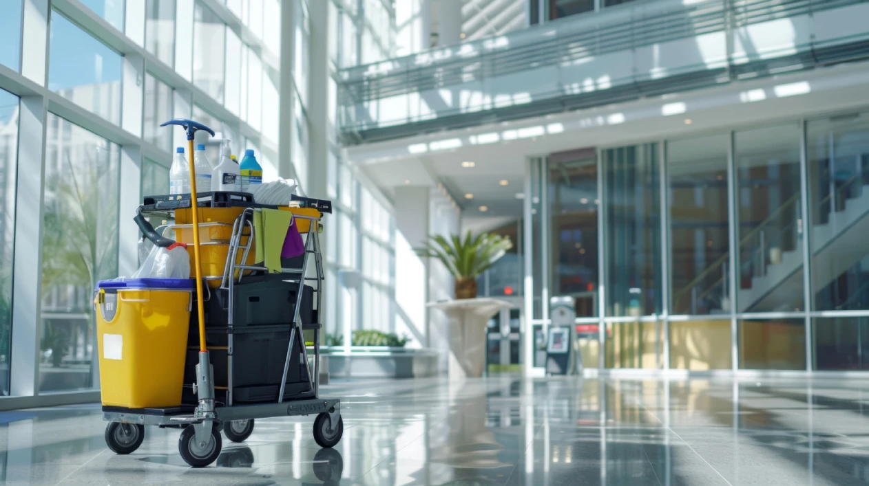 Janitorial cart stocked with cleaning supplies in a commercial office lobby for summer office cleaning in Arizona