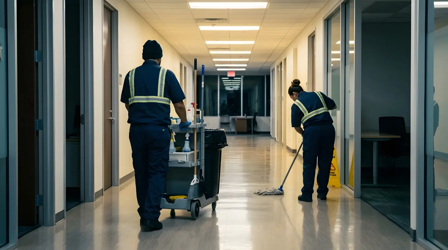 Commercial cleaning crew maintaining an office hallway, illustrating five signs your building needs a new commercial cleaning company in Phoenix.