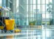 Commercial cleaning supplies staged in an office hallway for scheduled building cleaning service in Phoenix.