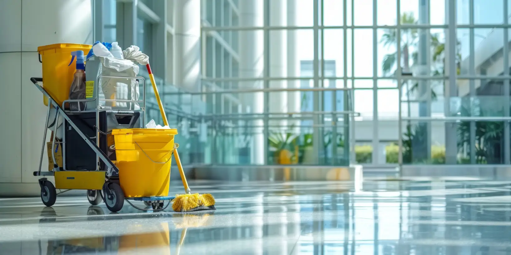 Commercial cleaning supplies staged in an office hallway for scheduled building cleaning service in Phoenix.