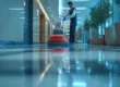 Commercial floor care Arizona — technician buffing polished VCT floor in commercial hallway