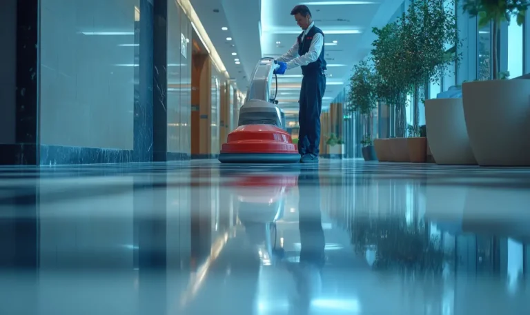 Commercial floor care Arizona — technician buffing polished VCT floor in commercial hallway