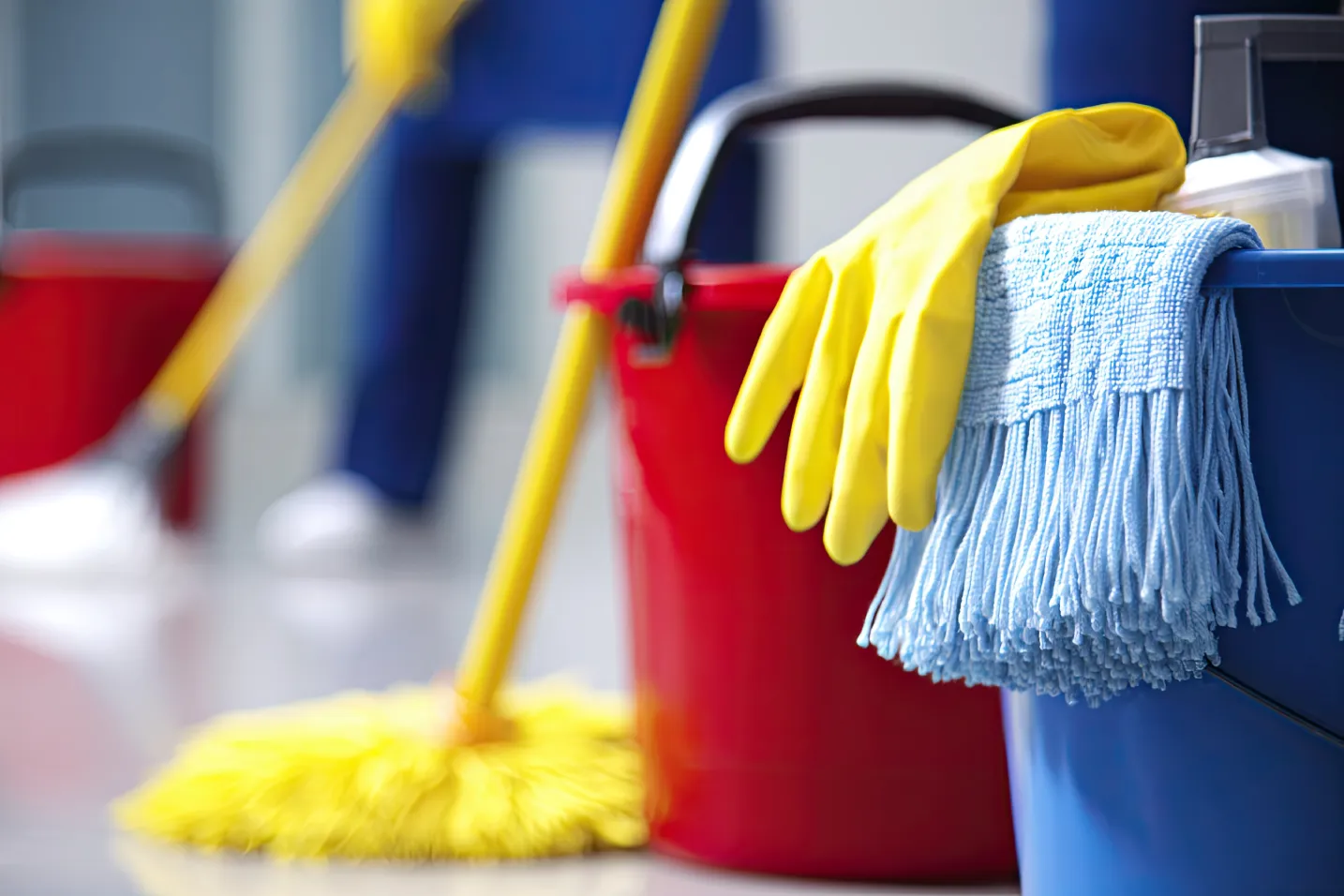 Commercial maintenance vendor Arizona cleaning equipment with mops, buckets, and gloves