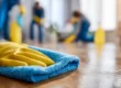 Commercial maintenance vendor Arizona crew cleaning hardwood floor with microfiber cloth