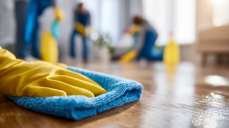 Commercial maintenance vendor Arizona crew cleaning hardwood floor with microfiber cloth